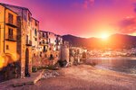 View on Cefalu at sunset, Sicily, Italy